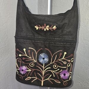 Floral Embroidered Suede Black Crossbody Bag Hand Crafted Boho Hippie Cottage
